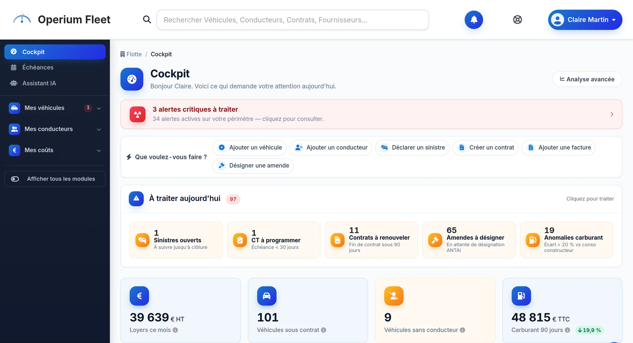Cockpit d'Operium : alertes critiques, actions rapides, dossiers à traiter aujourd'hui (sinistres, contrôles techniques, contrats à renouveler, amendes à désigner, anomalies carburant) et indicateurs du parc